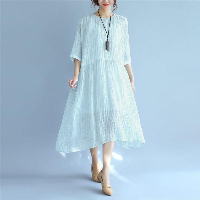 Folded Women Loose Casual Summer Plain Short Sleeves Blue Dress