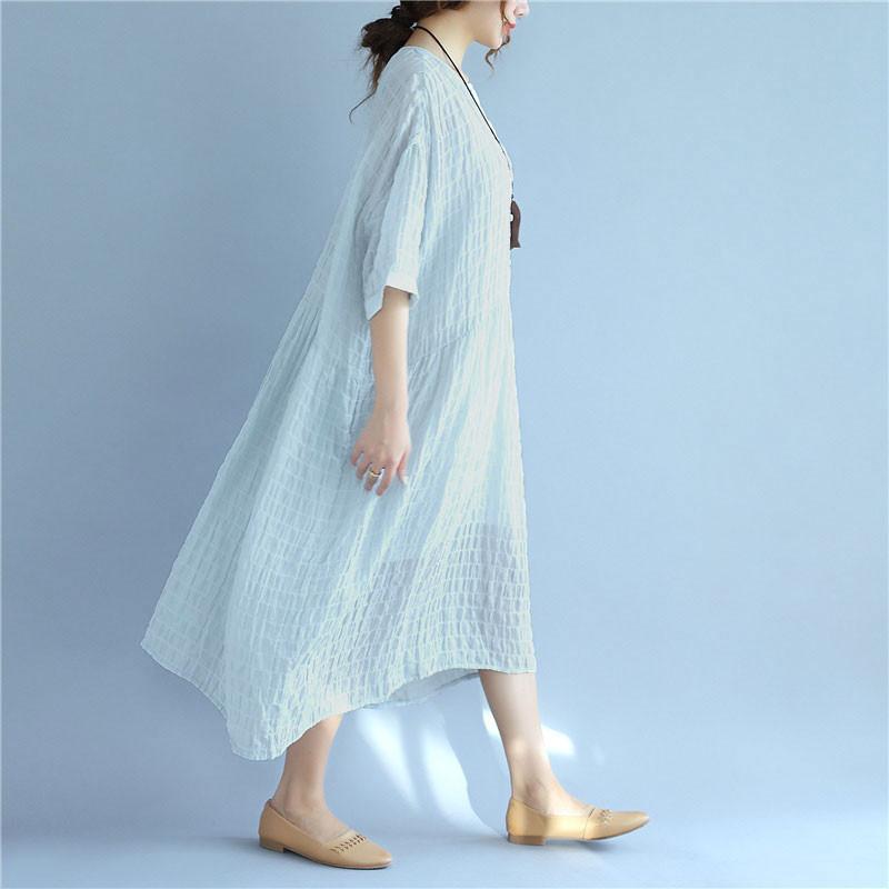 Folded Women Loose Casual Summer Plain Short Sleeves Blue Dress