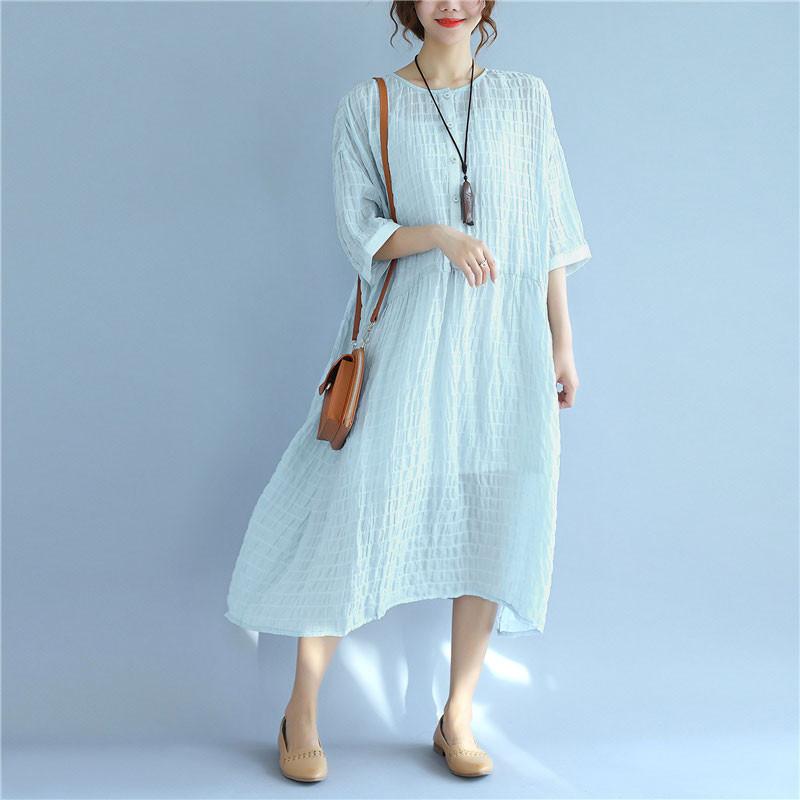 Folded Women Loose Casual Summer Plain Short Sleeves Blue Dress