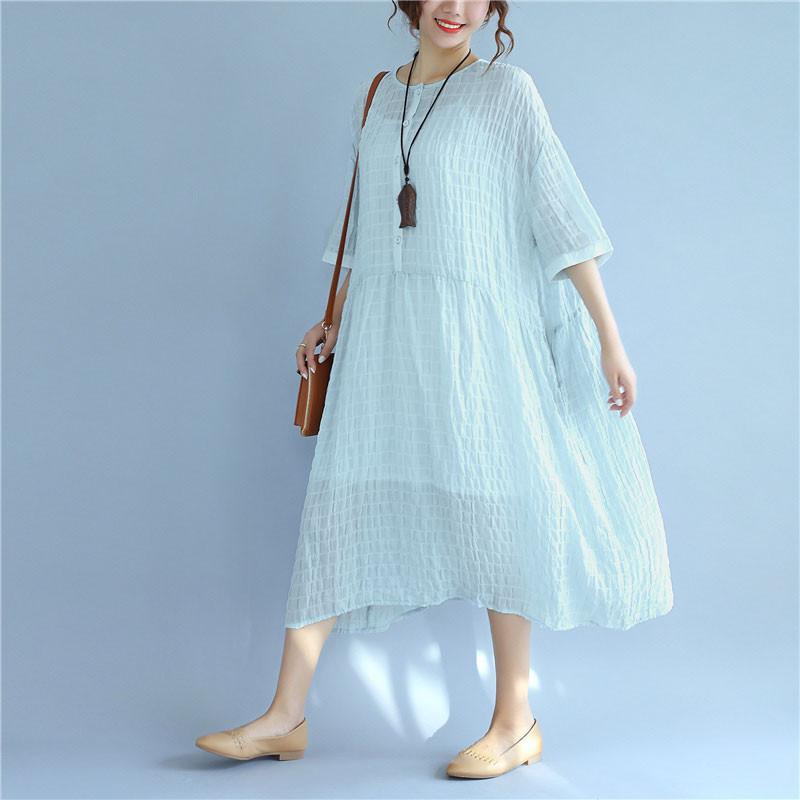 Folded Women Loose Casual Summer Plain Short Sleeves Blue Dress