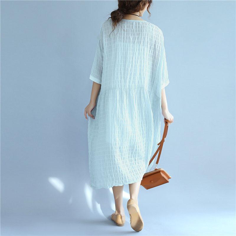 Folded Women Loose Casual Summer Plain Short Sleeves Blue Dress