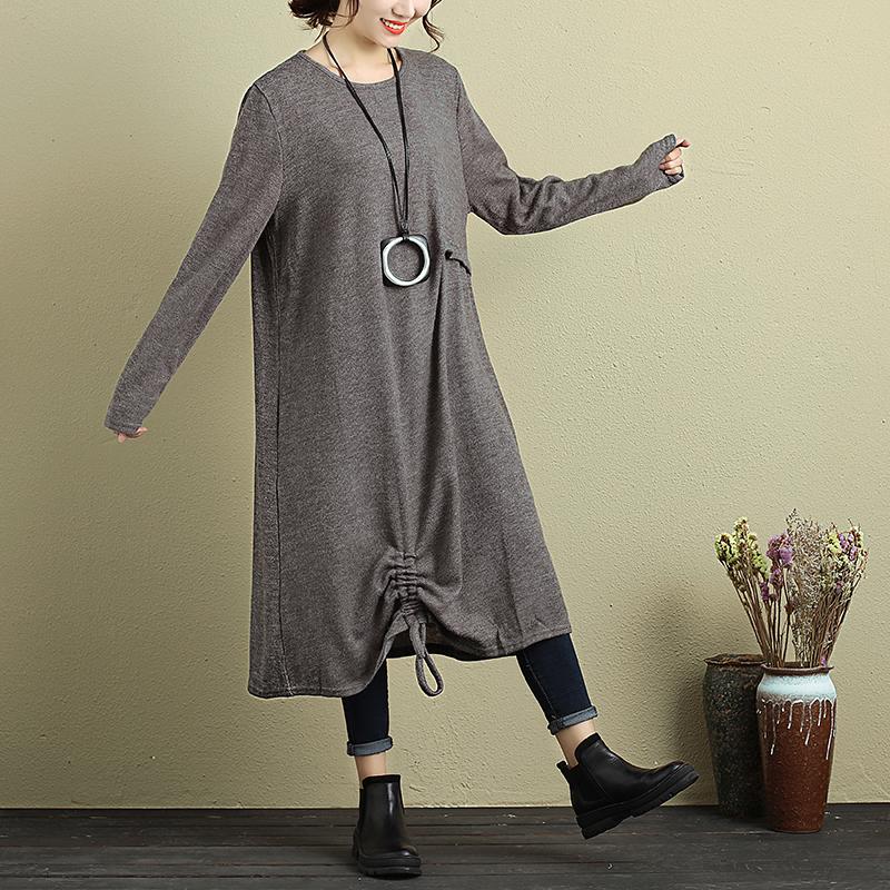 Women Long Sleeve Pleated Drawstring Casual Dress