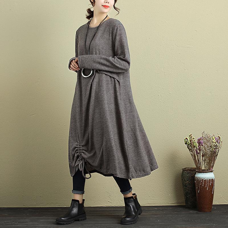 Women Long Sleeve Pleated Drawstring Casual Dress