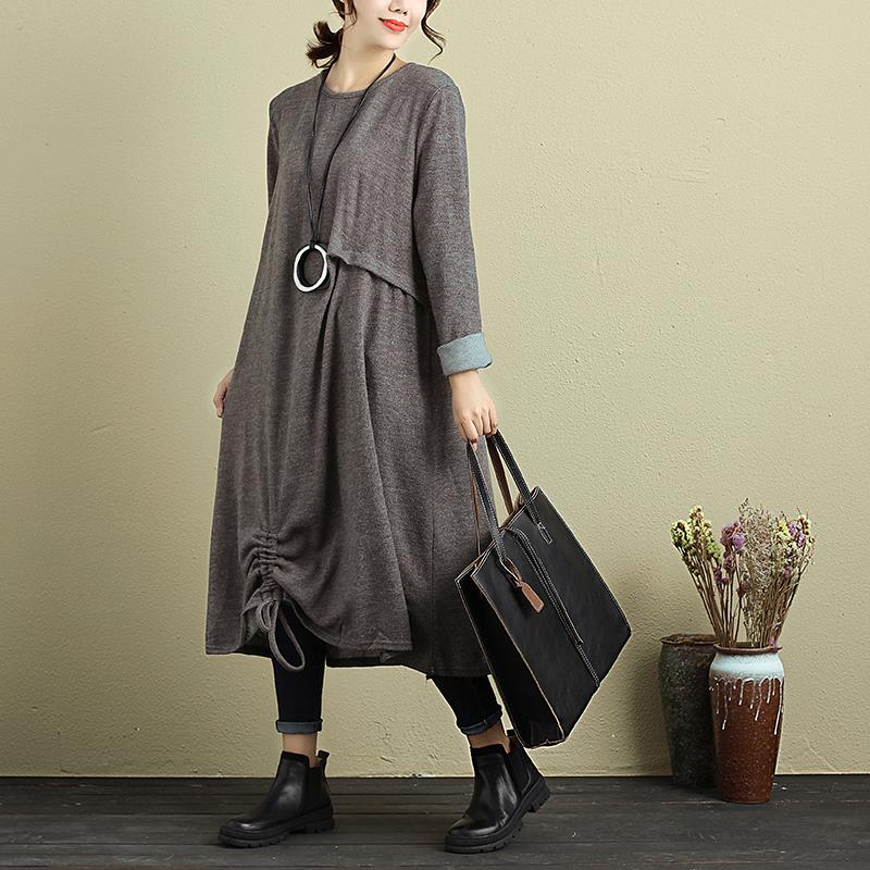 Women Long Sleeve Pleated Drawstring Casual Dress