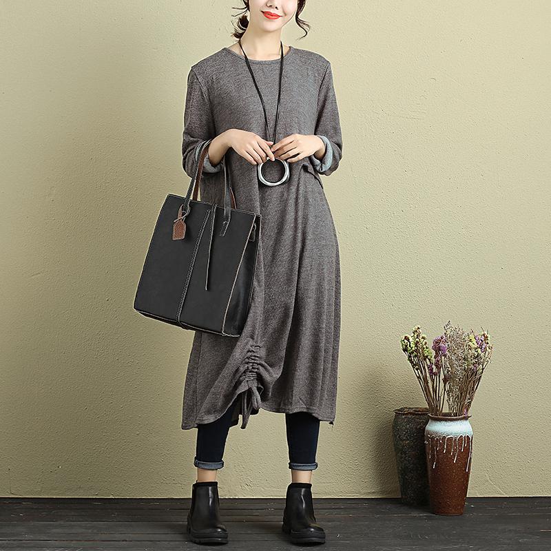 Women Long Sleeve Pleated Drawstring Casual Dress