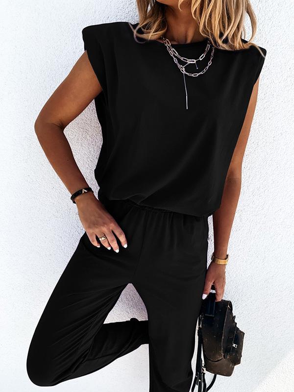 Casual Solid Color Shoulder Pad Tees&Pants Suits