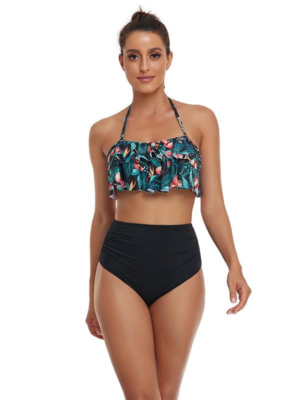 Floral Printed Falbala High-Waisted Bikini Swimwear