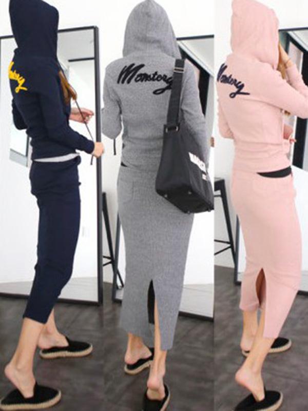 Zipper Letter Printed Sports Hoodie&Split-back Skirts Suits