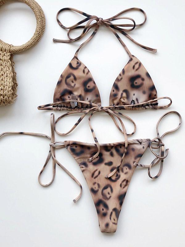 Sexy Triangles Leopard Print Bandage Split Bikini Swimsuit