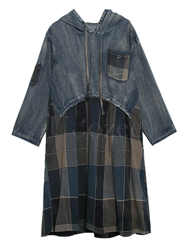 Vintage Plaid Split-joint Hoodie Midi Dress