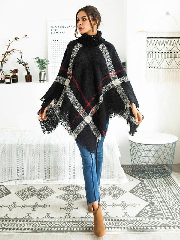 High-neck Batwing Sleeves Tassels Sweater Tops