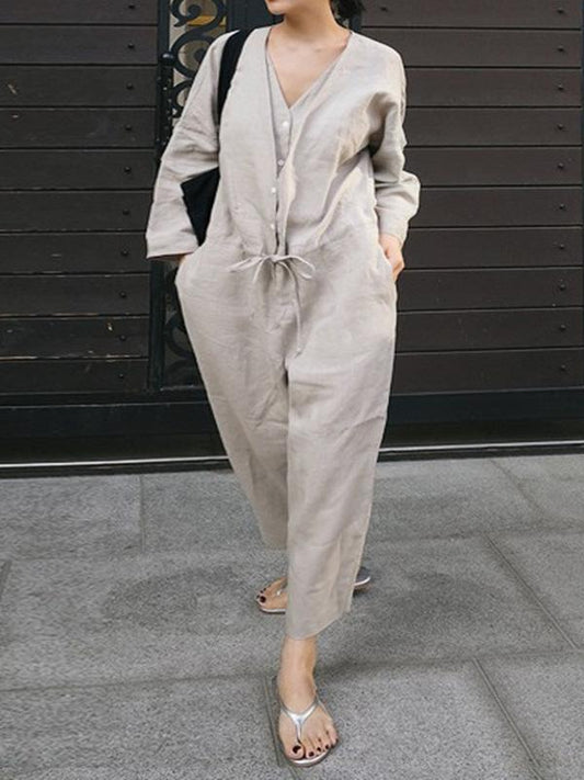 Casual Linen V-neck Jumpsuit