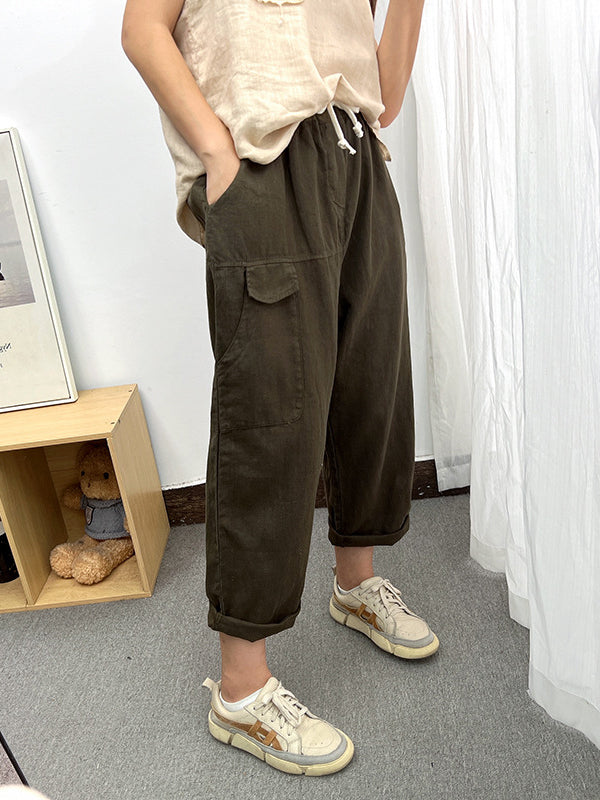 Simple Casual Loose Ramie Cotton Solid Color Drawstring Harem Pants