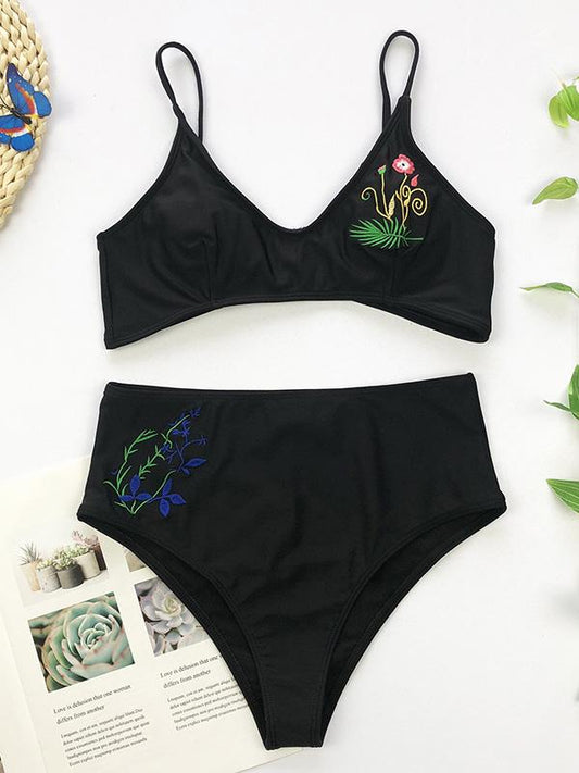 Embroidered Chinlon Spaghetti-Neck Bikini Swimsuit