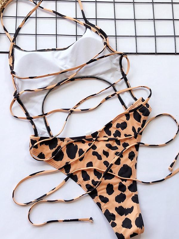 Leopard-Print Hollow Straps One-Piece Swimsuit