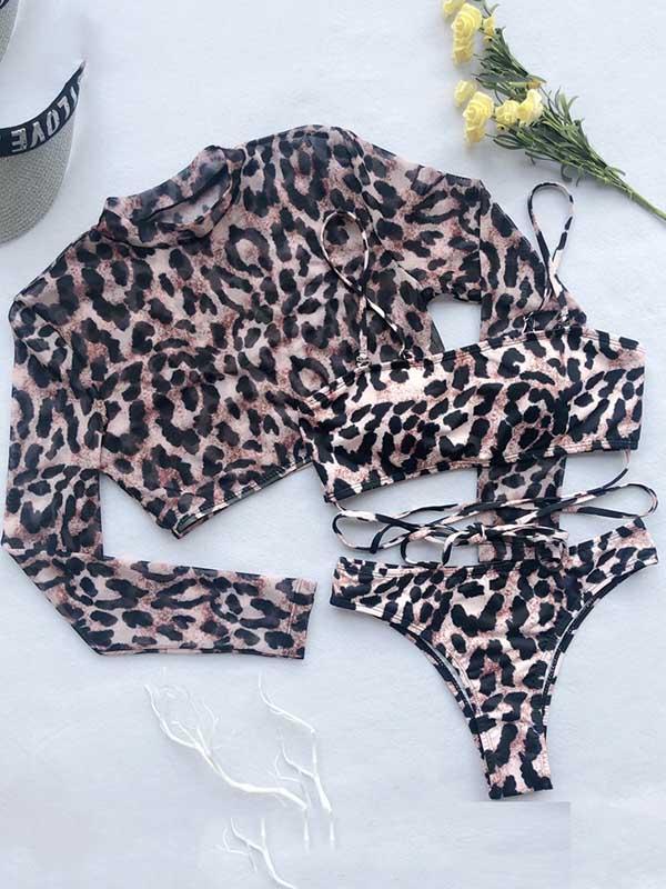 Leopard Mesh Long Sleeve Three-Piece Bikini Swimsuit