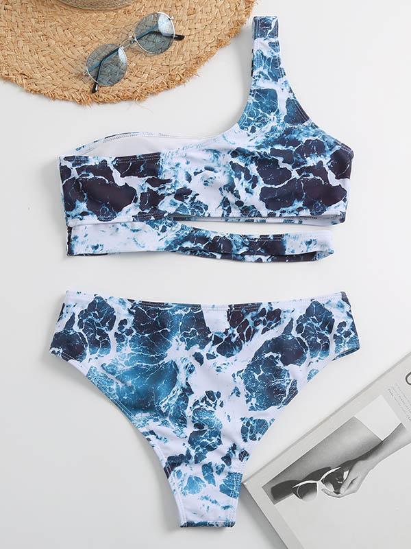 Abstract Printed Asymmetric One-Shoulder Split Bikini Swimsuit