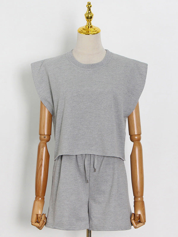 Casual Solid Color Cap Sleeve Vest+Shorts Suits