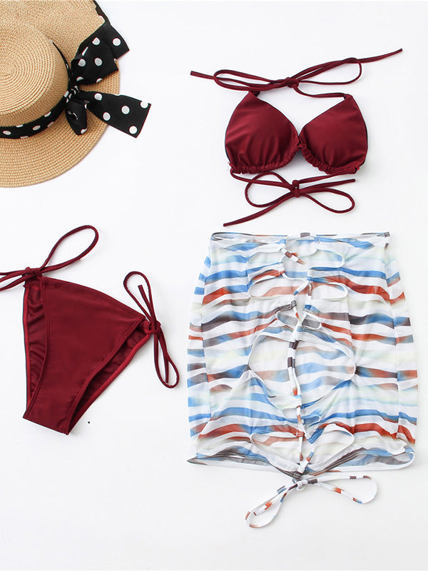 Solid Color Tie-Side Bikini Swimwear+Hollow Drawstring Skirt Cover-Ups Three-Pieces Set