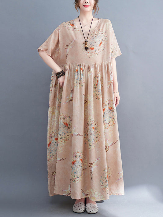 Artistic Retro Loose Floral Printed Pleated Half Sleeves Midi Dress