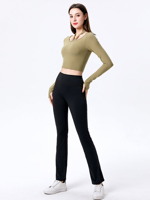 Wrap Hollow Long Sleeves Tees&Flared Leggings Suits