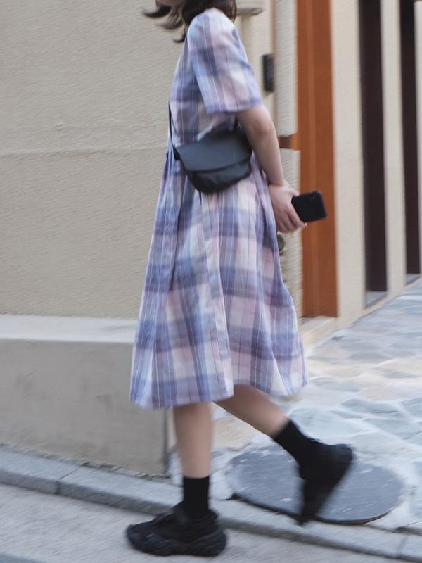 Vintage Plaid Puff Sleeves Dress