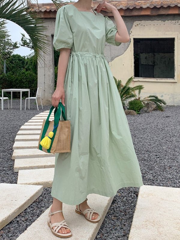 Casual Loose Solid Color Pleated Drawstring Square-Neck Bishop Sleeves Midi Dress