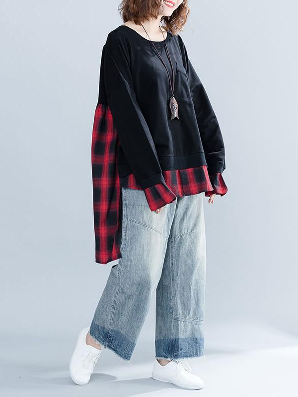 Loose Oversize Split-joint Plaid Sweatshirt