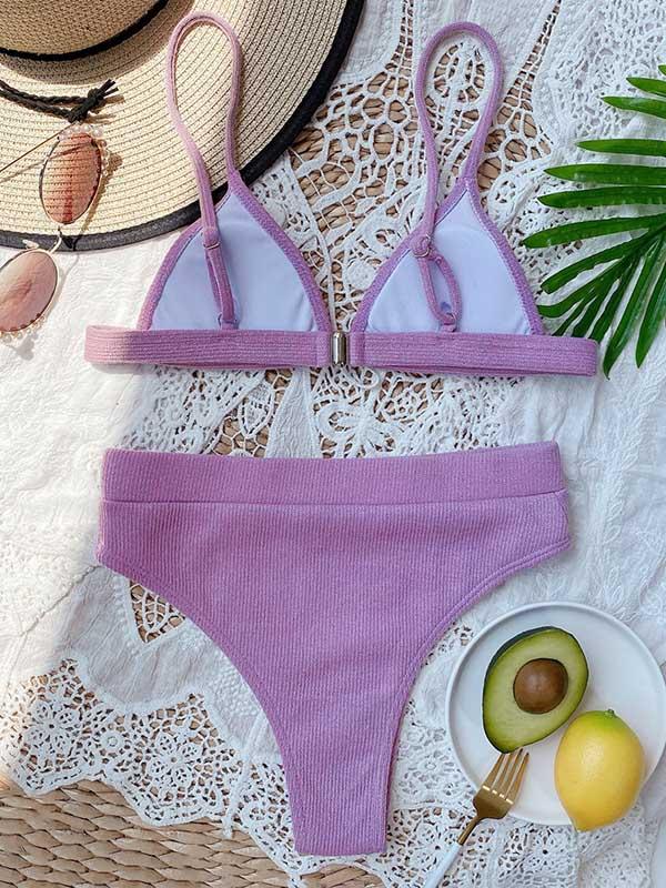 Solid Color Triangles Empire Split Bikini Swimsuit