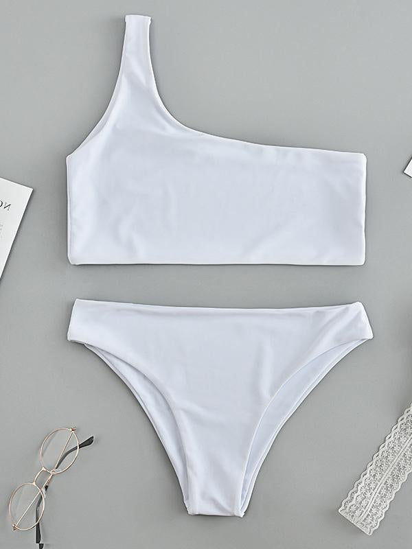 Sexy Single Shoulder Solid Color Split Bikini Swimsuit