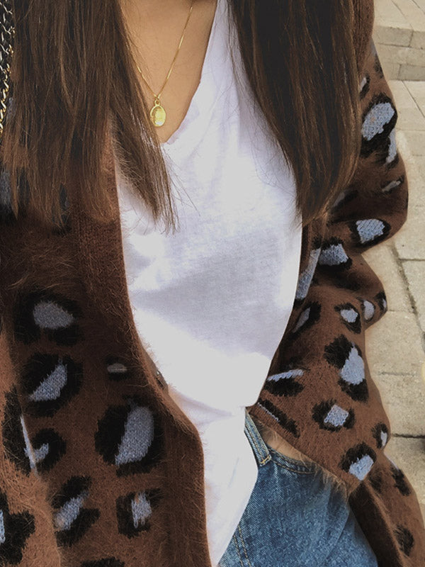 Original Leopard With Pocket V-Neck Long Sleeves Knitted Cardigan Outwear