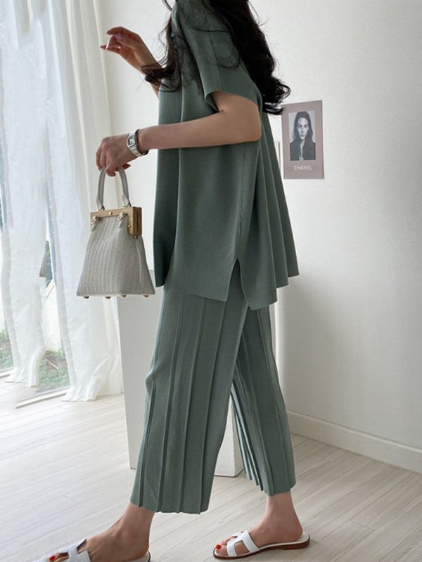 Casual Solid Color Split-Side Round-Neck Batwing Short Sleeves T-Shirt+Pleated Wide Leg Pants 2 Pieces Set