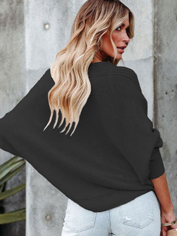 Loose Batwing Sleeves Twist Solid Color V-Neck Sweater Tops