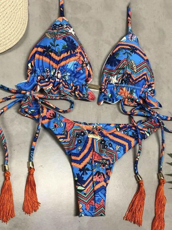 Floral-Print Ruffled Ruffled Bandage Triangles Split Bikini Swimsuit