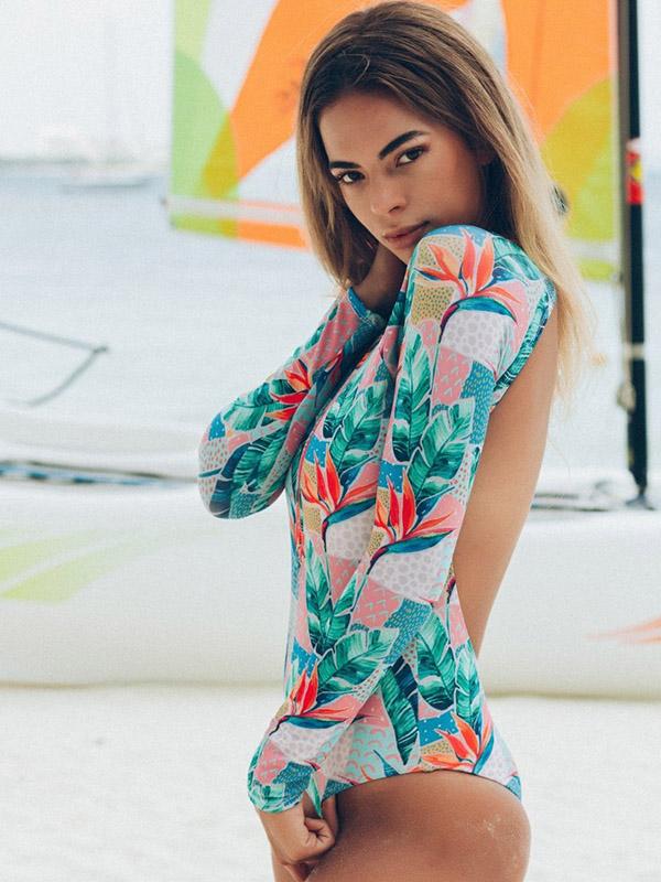 Floral-Print Long Sleeve Zipper Wetsuit