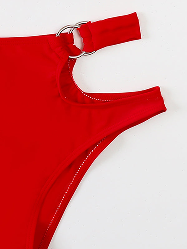 Red Hollow Drawstring Halterneck Bikini Swimsuit