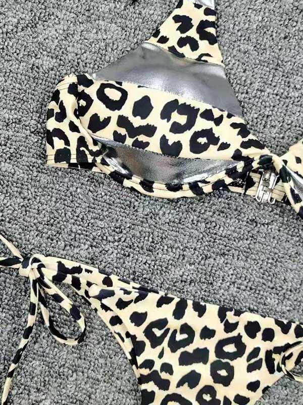 Leopard Print Split-Joint Bandage Split Bikini Swimsuit