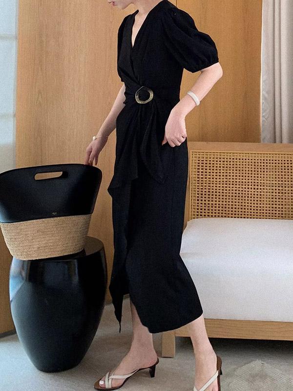 Elegant Puff Sleeve Long Dress