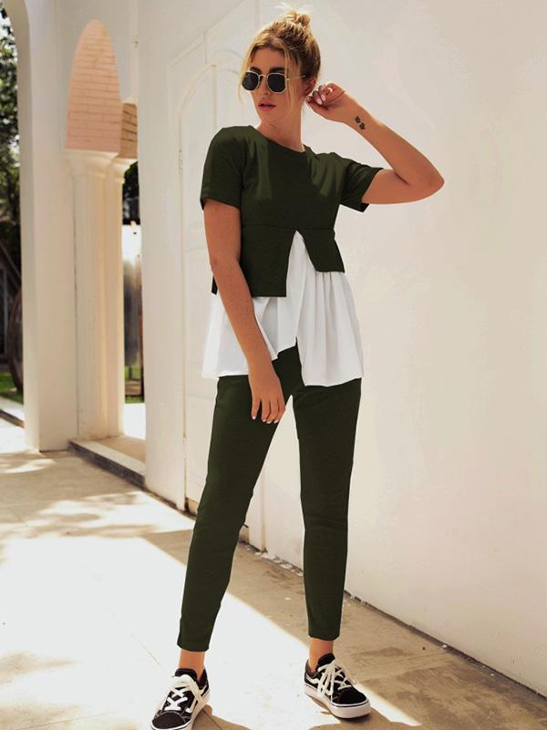 Falbala Split-joint Cropped Tee&Pants Sports Suits