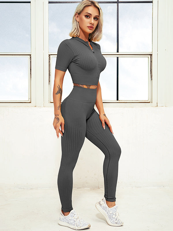 Solid Color Zipper Half Sleeves Tees&Leggings Suits