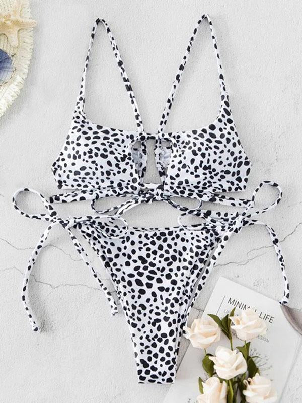 Leopard-Print  Hollow Bandage Split Bikini Swimsuit