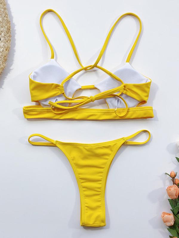 Sexy Spaghetti-Neck Bandage Split Type Bikinis Swimwear