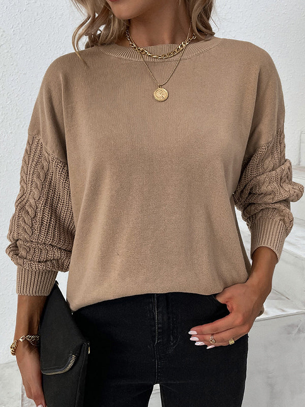 Knitted Twist Long Sleeves Solid Color Round-Neck Sweater Tops