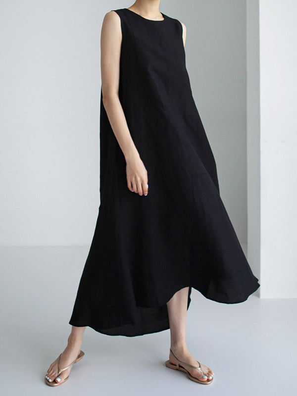 Fashion Loose Solid Color Round-Neck Sleeveless Midi Dress