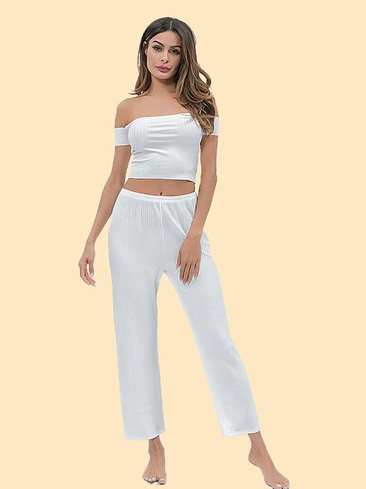 Off The Shoulder Crop Tees And Casual Pants Suits