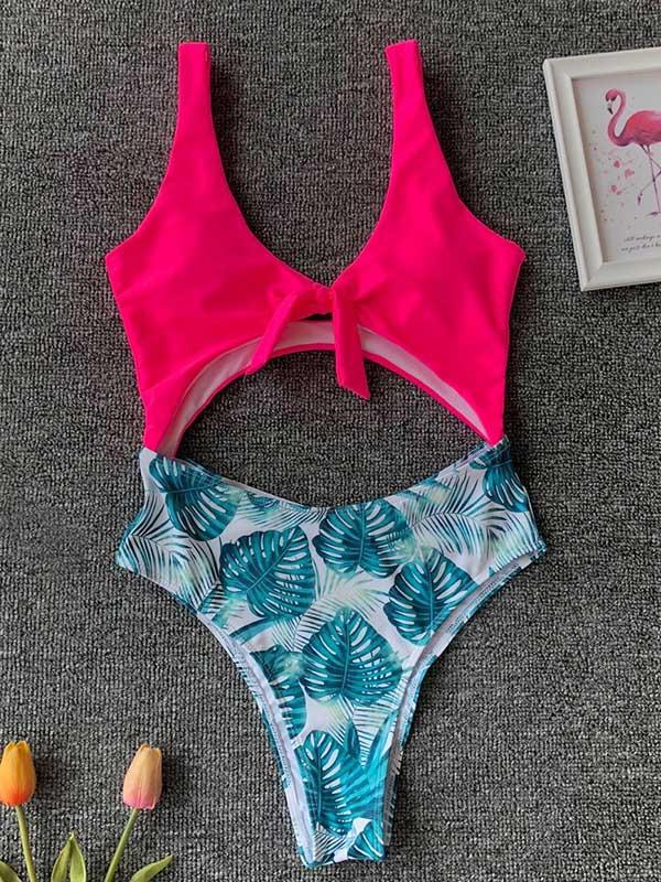 Plain Top With Printed Panty One-piece Swimsuit