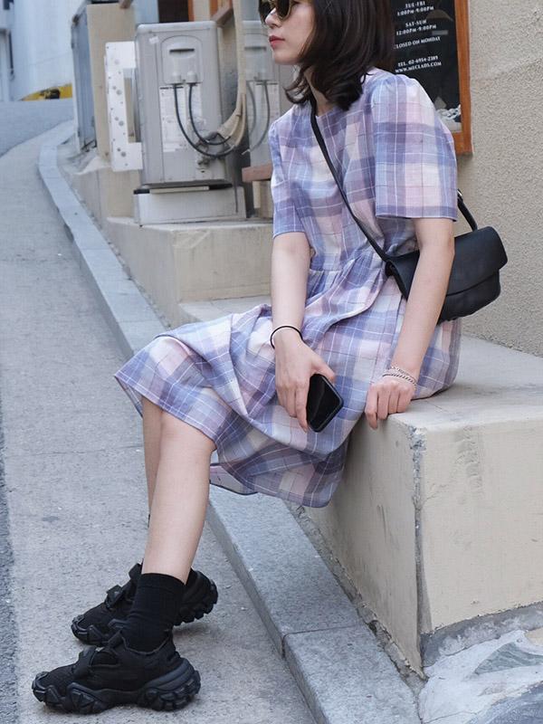 Vintage Plaid Puff Sleeves Dress