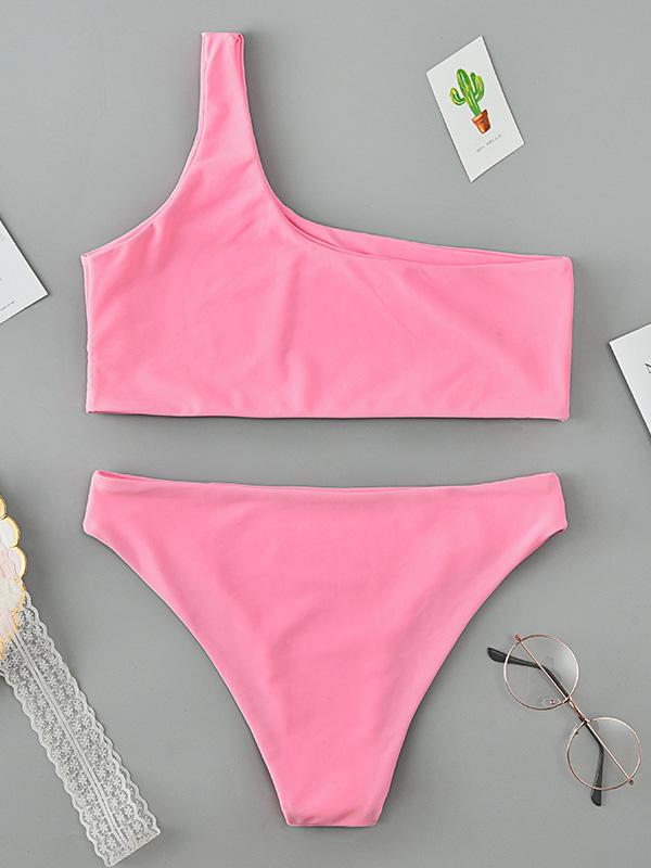 Sexy Single Shoulder Solid Color Split Bikini Swimsuit