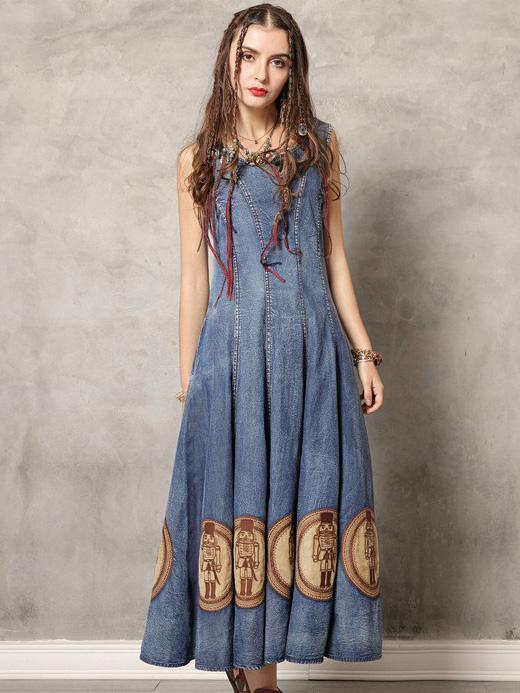 Vintage Embroidered Denim Vest Dress