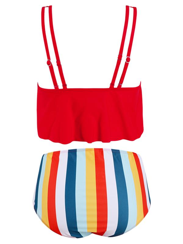 Plain Ruffle Top With Stripe Panty Bikini Set